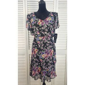 K Petite Set 10P Black Floral Chiffon Top Stretch Skirt NWT